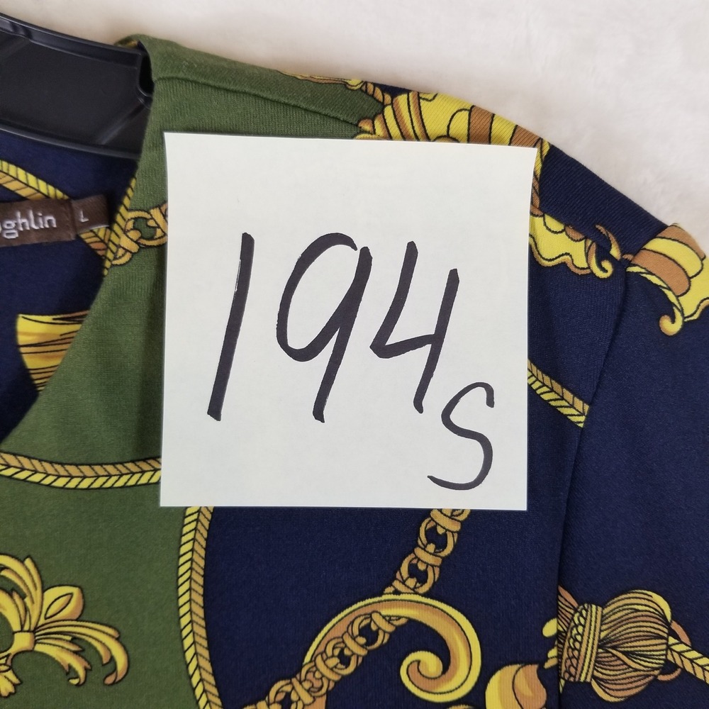 J.McLaughlin Sheath Dress Women Sz L Green Navy Gold Baroque Chain Print 3/4 Slv - Picture 7 of 7